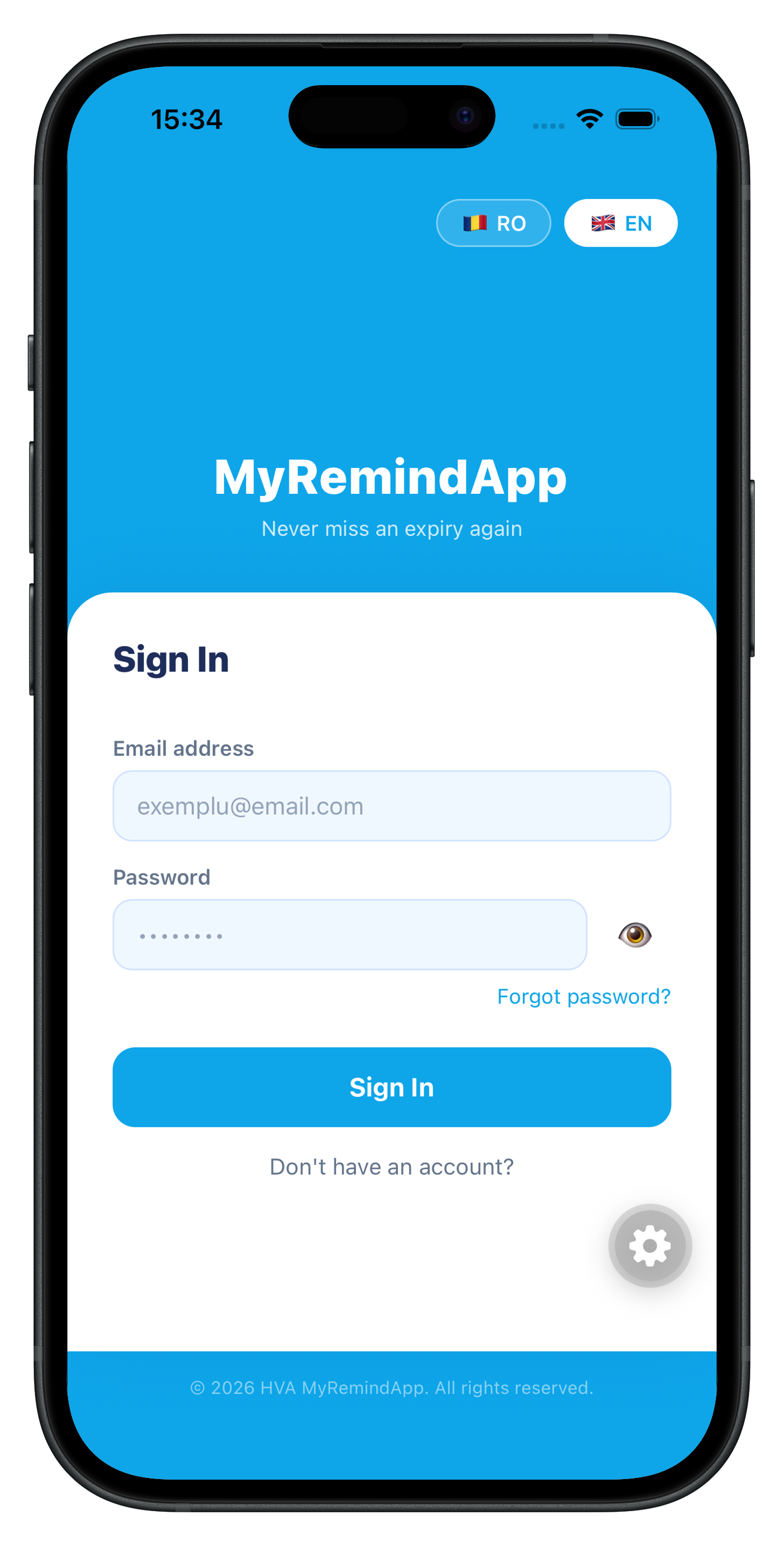 Login / Create account screen