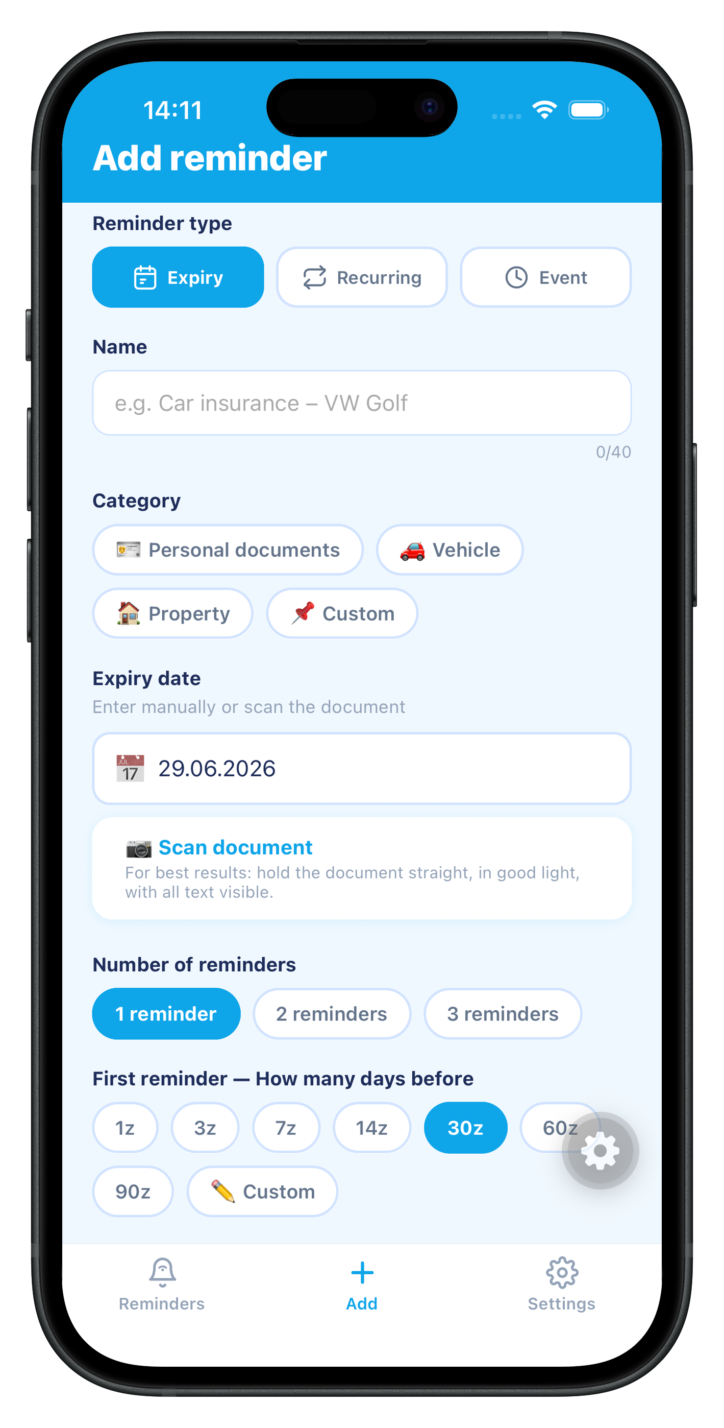 Add reminder form