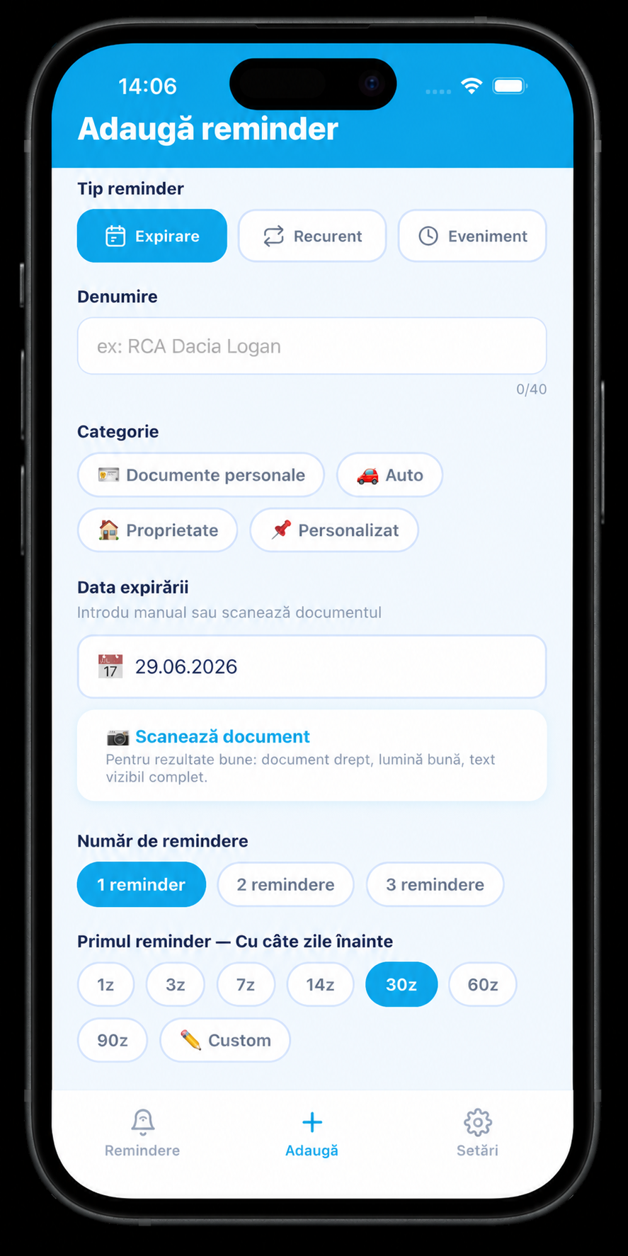 Formular adăugare reminder