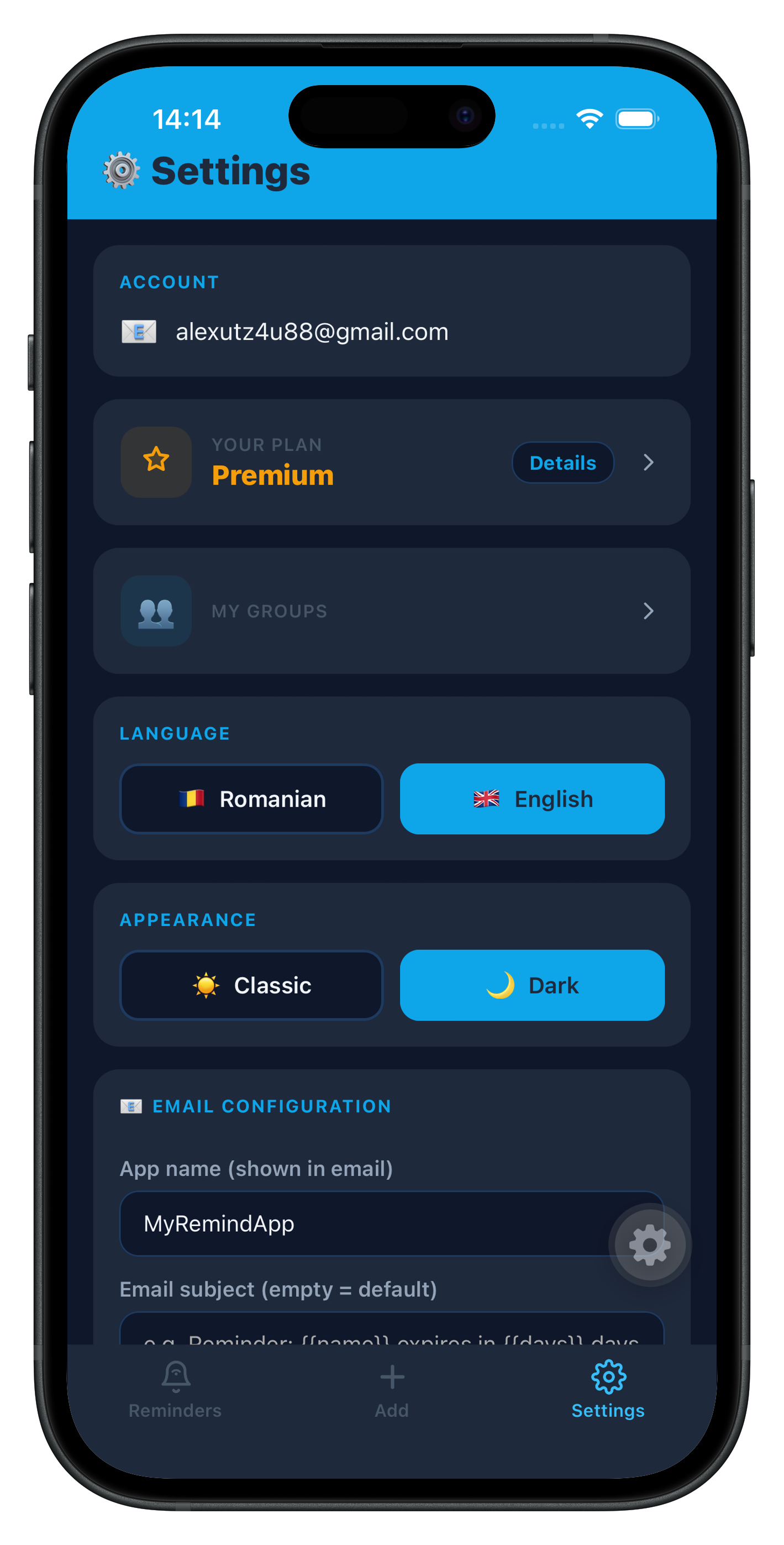 Settings screen with dark mode option