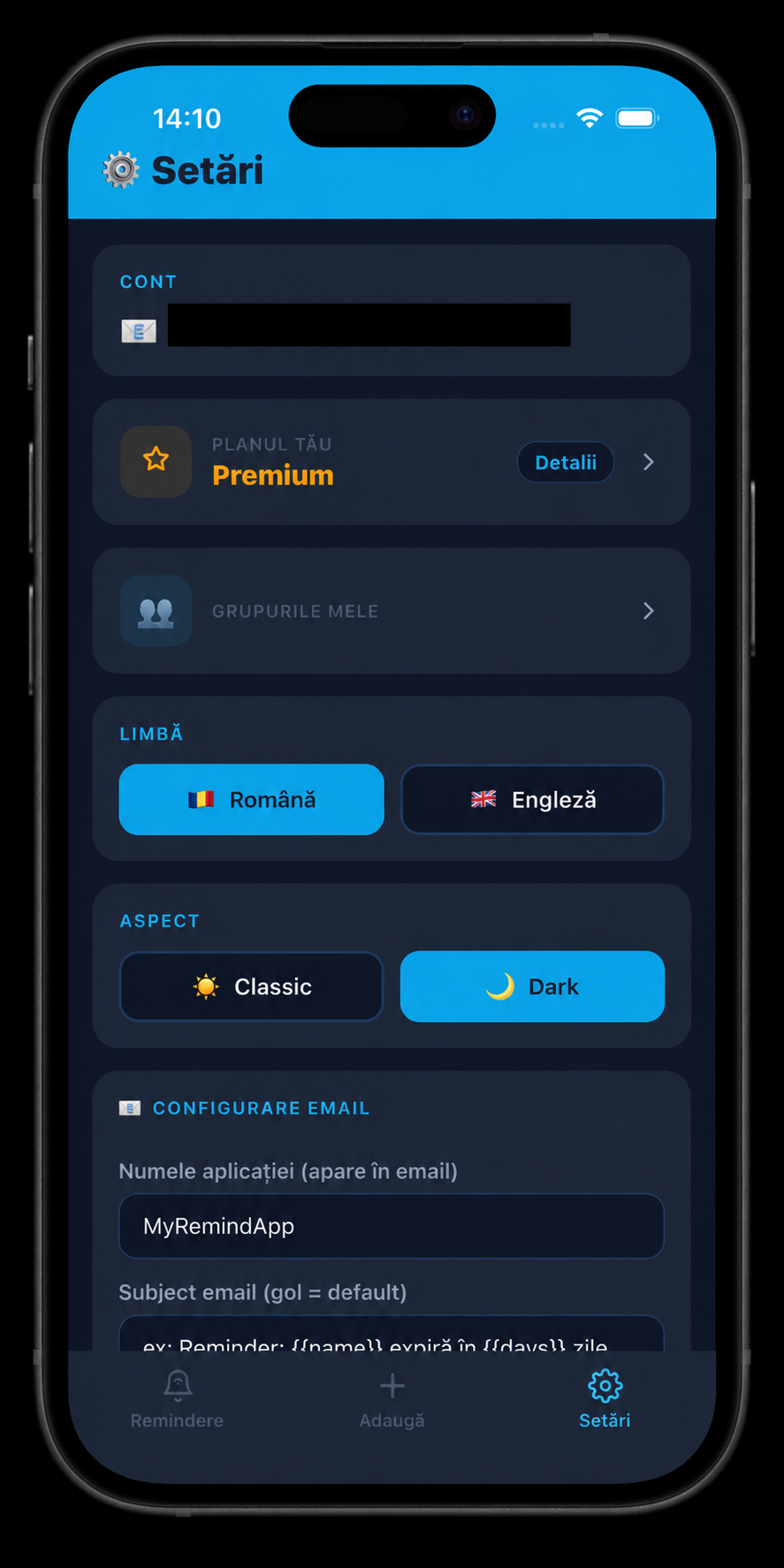 Ecranul Setări cu opțiunea Dark mode
